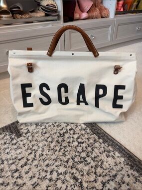 Escape Canvas Travel Tote in Cream with Brown Handles
